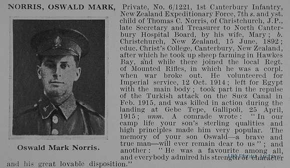 Norris O M Pte 6-1221 1st Canterbury Infantry NZEF Obit