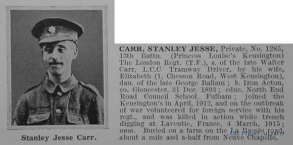 Carr S J Pte 1285 13th London Regiment Obit