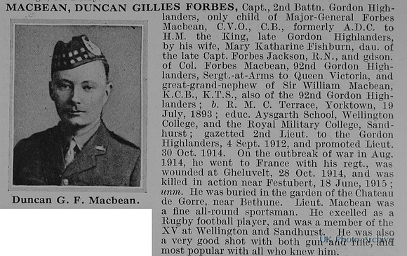 MacBean D G F Captain 2nd Gordon Highlanders Obit