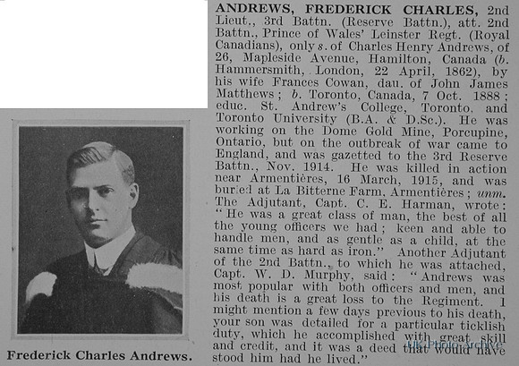Andrews F C 2nd Lt 2nd Leinster Regiment Obit