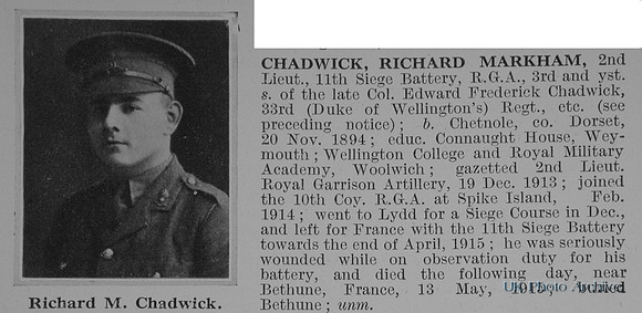 Chadwick R M 2nd Lt Royal Garrison Artillery Obit