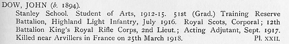 Dow J 2nd Lt 12th Kings Royal Rifle Corps Obit