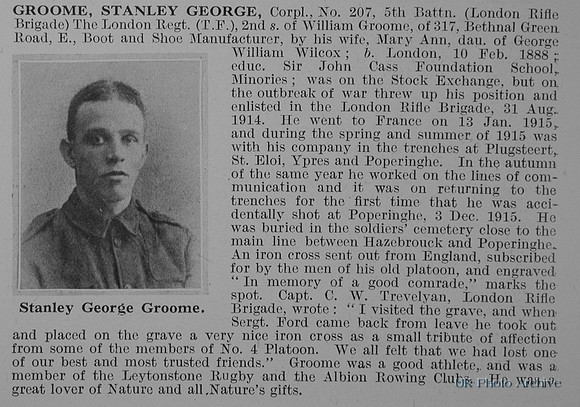 Groome S G Cpl 207 5th London Regiment Obit