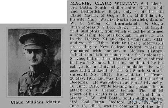 Macfie C  2nd Lt 3rd South Staffs Regiment Obit Part 1