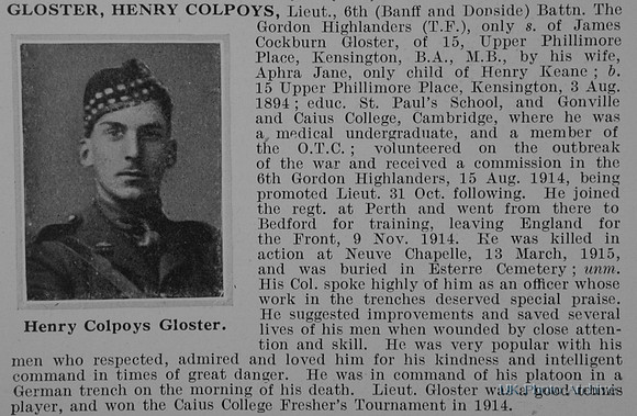 Gloster H C Lt 6th Gordon Highlanders Obit