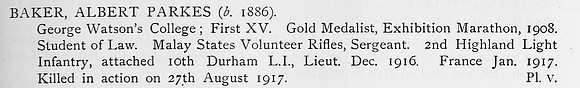 Baker A P Lt 2nd HLI Attd 10th Durham Light Infantry Obit