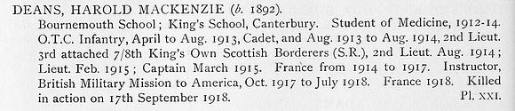 Deans H M Captain 8th Kings Own Scottish Borderers Obit
