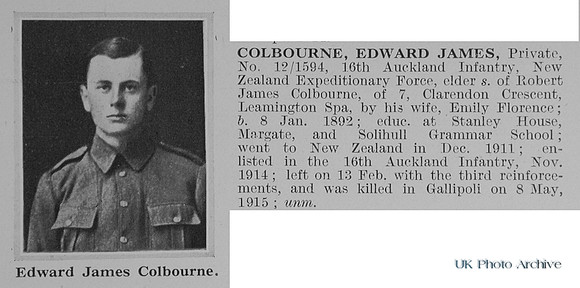 Colbourne E J Pte 12-1594 16th Auckland Infantry NZEF Obit