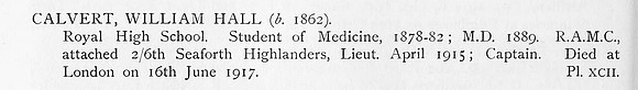 Calvert W H Captain Royal Army Medical Corps Obit