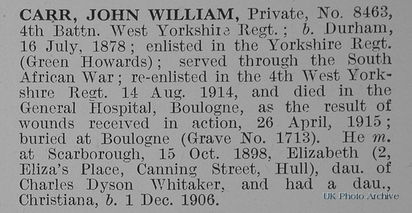 Carr J W Pte 8463 4th West Yorkshire Regiment Obit