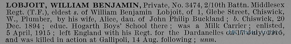 Lobjoit W B Pte 3474 10th Middlesex Regiment Obit