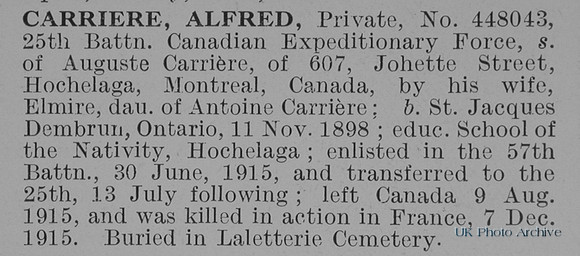 Carriere A Pte 448043 25th Canadian Expeditionary Force Obit