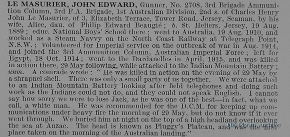 Le Masurier J E Gnr 2708 Australian Field Artillery Obit