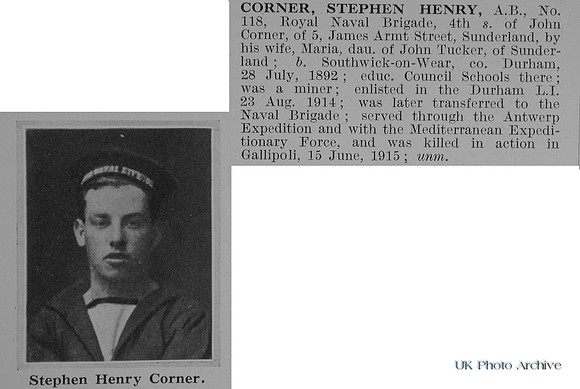Corner S H AB 118 Nelson Bn. R.N. Div Royal Naval Volunteer Reserve Obit