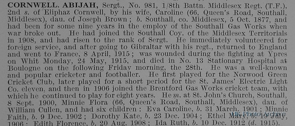 Cornwell A Sergt 981 8th Middlesex Regiment Obit
