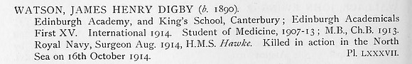 Watson J H D Surg HMS Hawke Royal Navy Obit