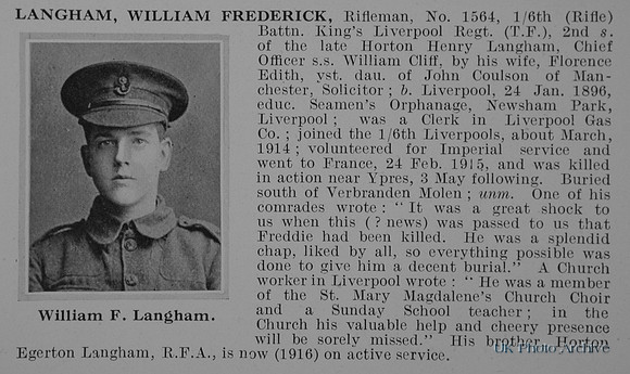 Langham W F Rfn 1564 6th Kings Liverpool Regiment Obit