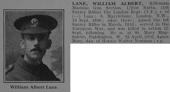 Lane W A Rfn 21st London Regiment Obit De Ruvignys Roll Of Honour Vol 3