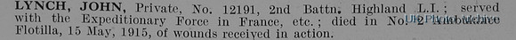 Lynch J Pte 12191 2nd Highland Light Infantry Obit