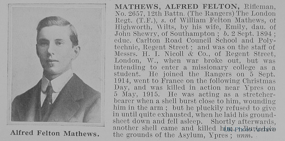 Mathews A F Rfn 2657 12th London Regiment Obit