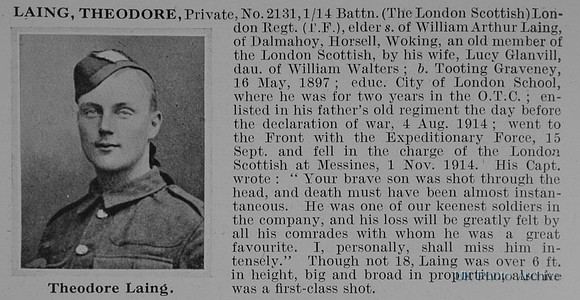 Laing T Pte 2131 14th London Regiment Obit