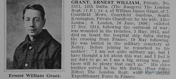 Grant E W Pte 3311 12th London Regiment Obit