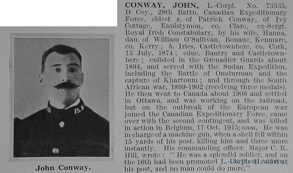 Conway J L/Cpl 73535 28th Canadian Expeditionary Force Obit