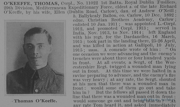 O'Keeffe T Cpl 11022 1st Royal Dublin Fusiliers Obit Part 1 De Ruvignys Roll Of Honour Vol 1