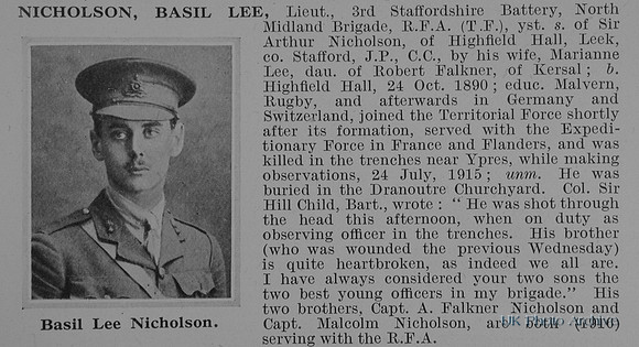 Nicholson B L Lt Royal Field Artillery Obit