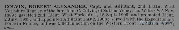 Colvin R A Captain 2nd West Yorkshire Regiment Obit
