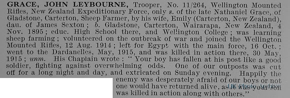 Grace J L Tpr 11/264 Wellington Mounted Rifles NZEF Obit