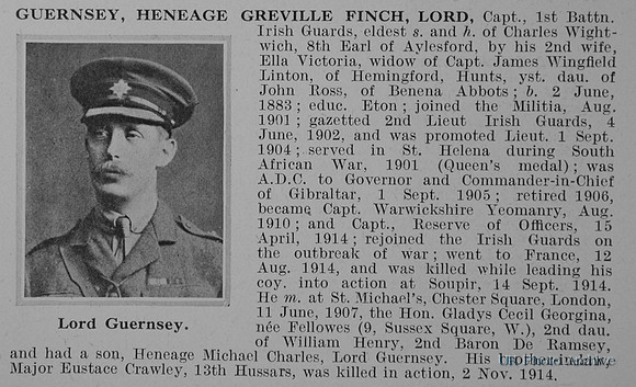 Guernsey H G F Captain Lord 1st Irish Guards Obit
