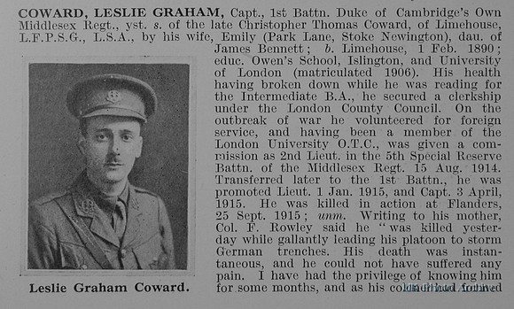 Coward L G Captain 1st Middlesex Regiment Obit Part 1