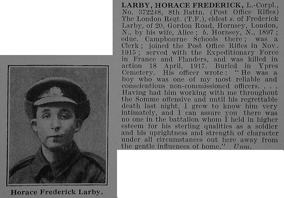 Larbey H F L/Cpl 8th London Regiment Obit De Ruvignys Roll Of Honour Vol 3