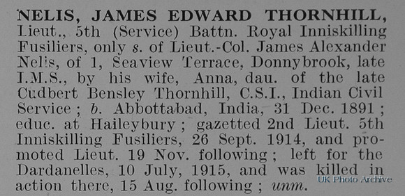 Nelis J E T Lt 5th Royal Inniskilling Fusiliers Obit