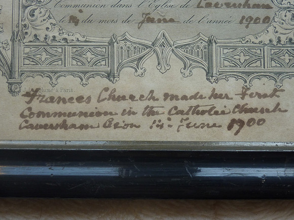 Framed Catholic First Holy Communion Certificate 1900 Frances Church