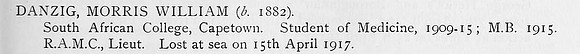 Danzig M W Lt Royal Army Medical Corps Obit