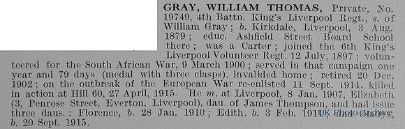 Gray W T Pte 19749 4th Kings Liverpool Regiment Obit