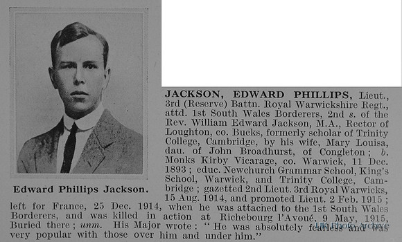 Jackson E P 3rd Royal Warwickshire Regiment Attd 1st South Wales Borderers Obit