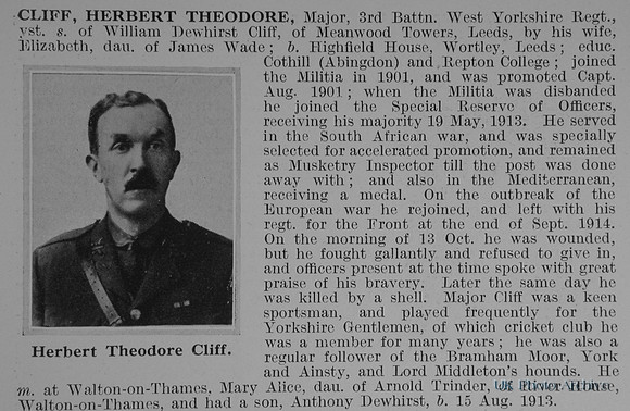 Cliff H T Major 3rd West Yorkshire Regiment Obit