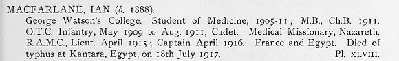 MacFarlane I Captain Royal Army Medical Corps Obit