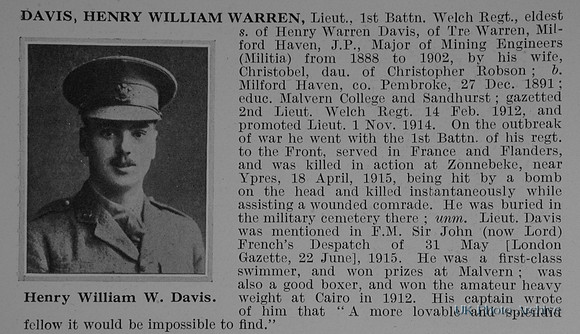 Davis H W W Lt 1st Welsh Regiment Obit