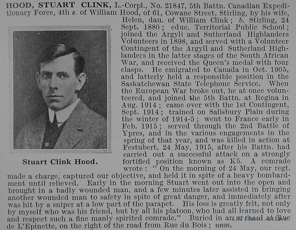 Hood S C L/Cpl 21847 5th Canadian Expeditionary Force Obit
