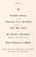 Ordination Card For Father James Wilkinson 19th September 1942