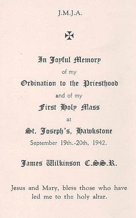Ordination Card For Father James Wilkinson 19th September 1942
