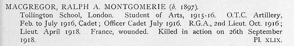 MacGregor R A M Lt Royal Garrison Artillery Obit