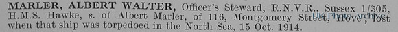 Marler A W Officers Steward 1/305 HMS Hawke Royal Naval Volunteer Reserve Obit