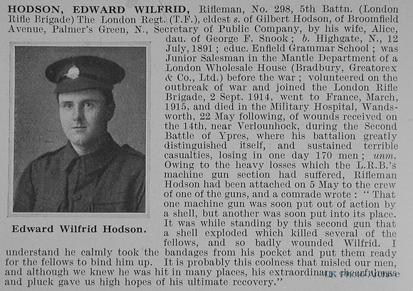 Hodson E W Rfn 298 5th London Regiment Obit