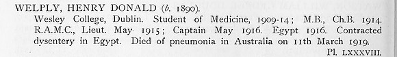 Welply H D Captain Royal Army Medical Corps Obit