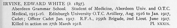 Irvine E W 2nd Lt Royal Field Artillery Obit